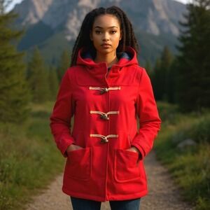 American Eagle Coat Jacket M Red Wool‎ Blend Hooded Toggle Button Front Zip-Up